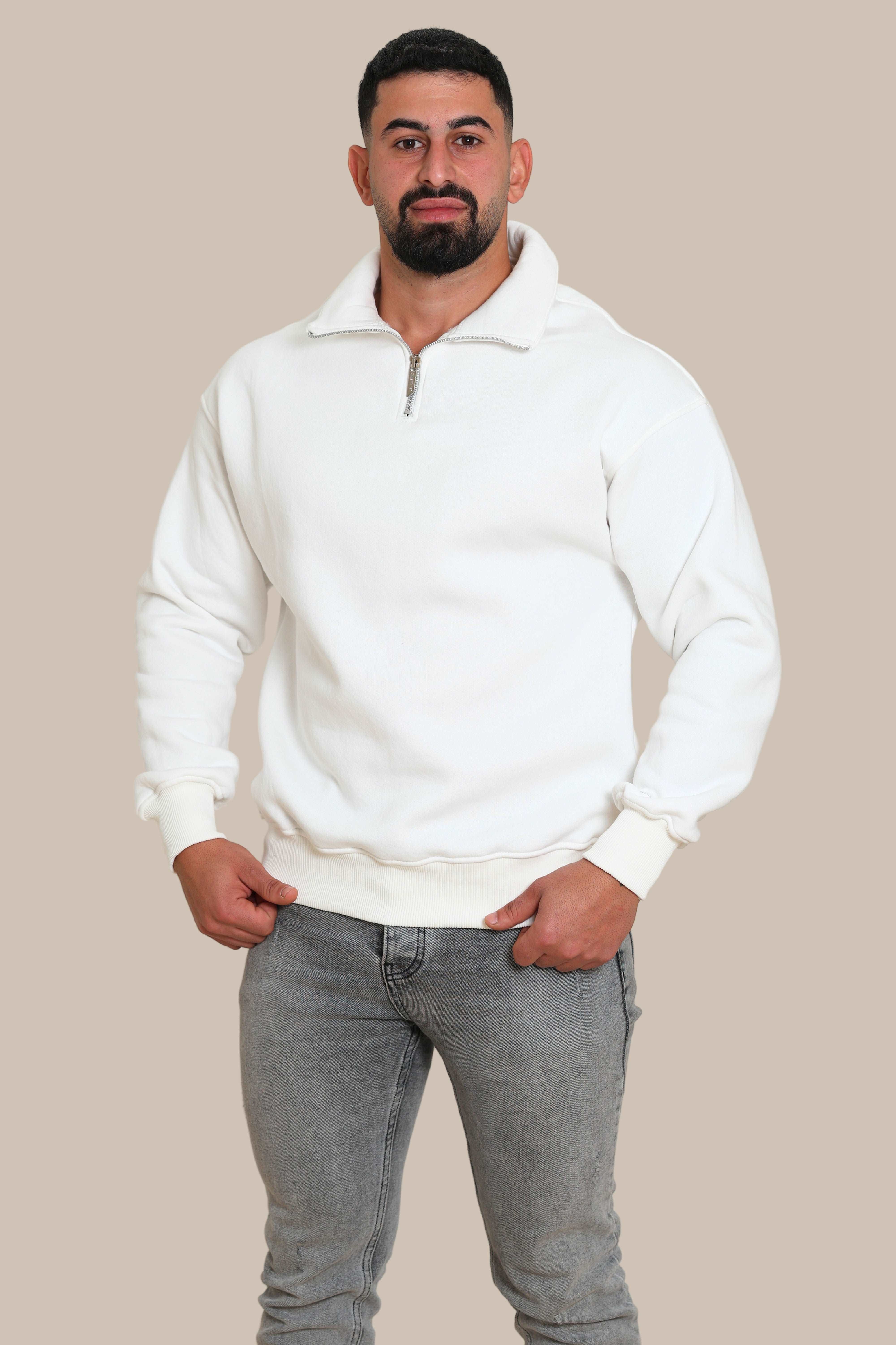 Men's Half Zipper Basic Cotton Sweater | White
